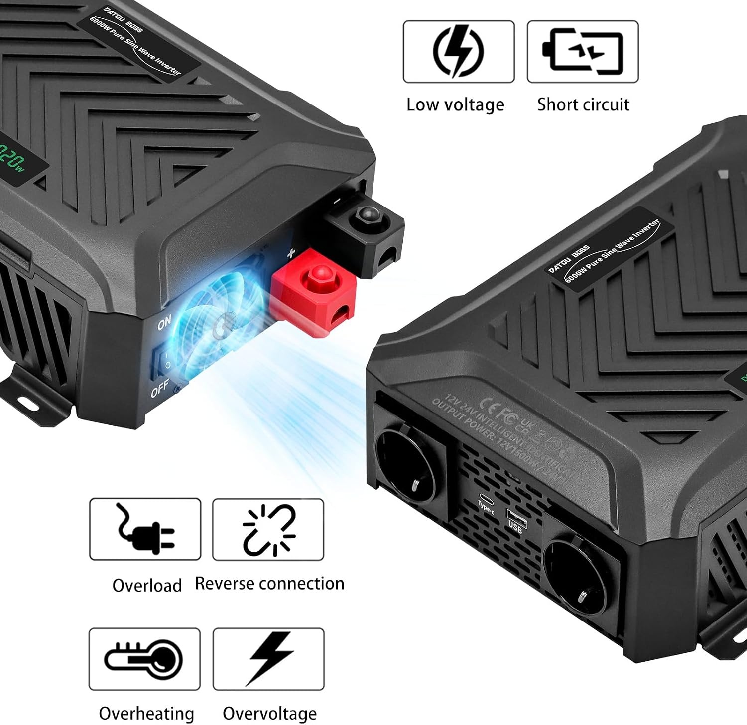 Zuivere Sinus Omvormer 12V/24V naar 230V | 1500W (12V) / 3000W (24V) continu | Piek 3000W/6000W | LCD | 2x EU stopcontact