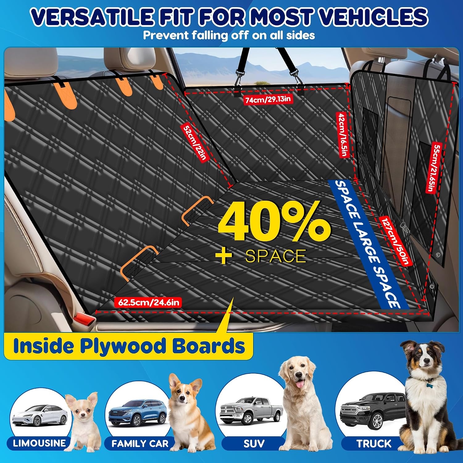 Hondendeken Auto Achterbank & Kofferbak | Waterdichte Multifunctionele Autostoelhoes | Achterbankverlenging Harde Bodem Gaasvenster | 127x62.5 cm