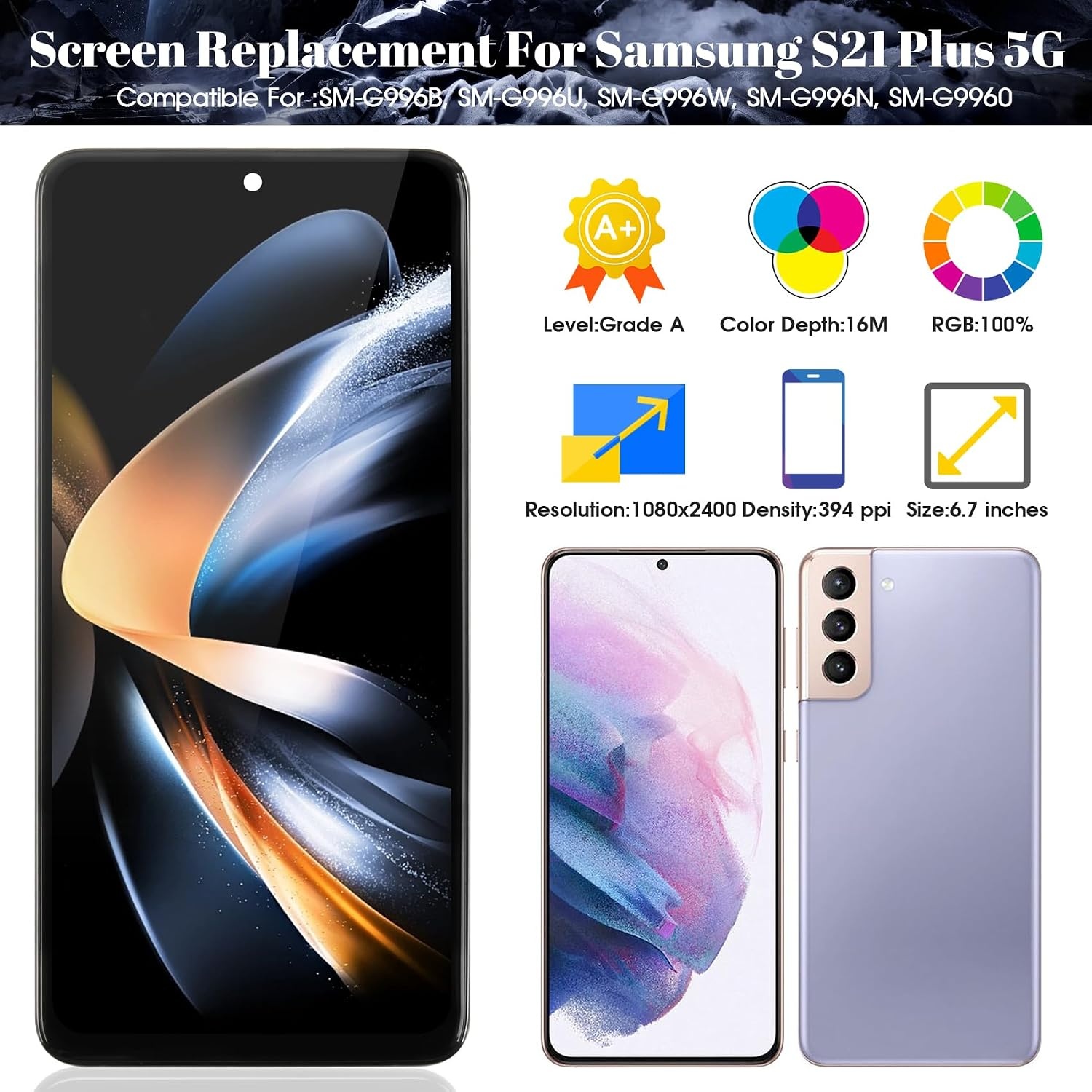 Incell voor Samsung Galaxy S21+5G Lcd scherm Vervanging voor Galaxy S21 Plus 5g Lcd scherm voor SM-G996B SM-G996U Digitizer Touchscreen Montage Reparatie Deel Met Frame (Phantom Zwart)