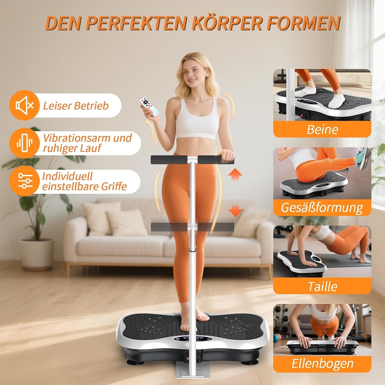 Trilplaat, trilplaat voor thuis, trilplaat met verstelbare armleuningen, afstandsbediening en spankabel, Vibro Shaper met bluetooth-luidspreker voor training van het hele lichaam