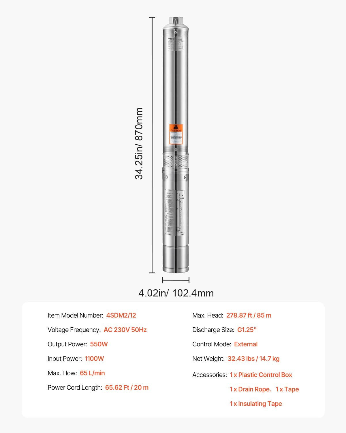 VEVOR Diepbronpomp, 550 W uitgangsvermogen, 65 l/min doorstroming, 85 m opvoerhoogte, met 20 m kabel, externe stuurkast, dompelpomp, voor industriële irrigatie en thuisgebruik, IP68