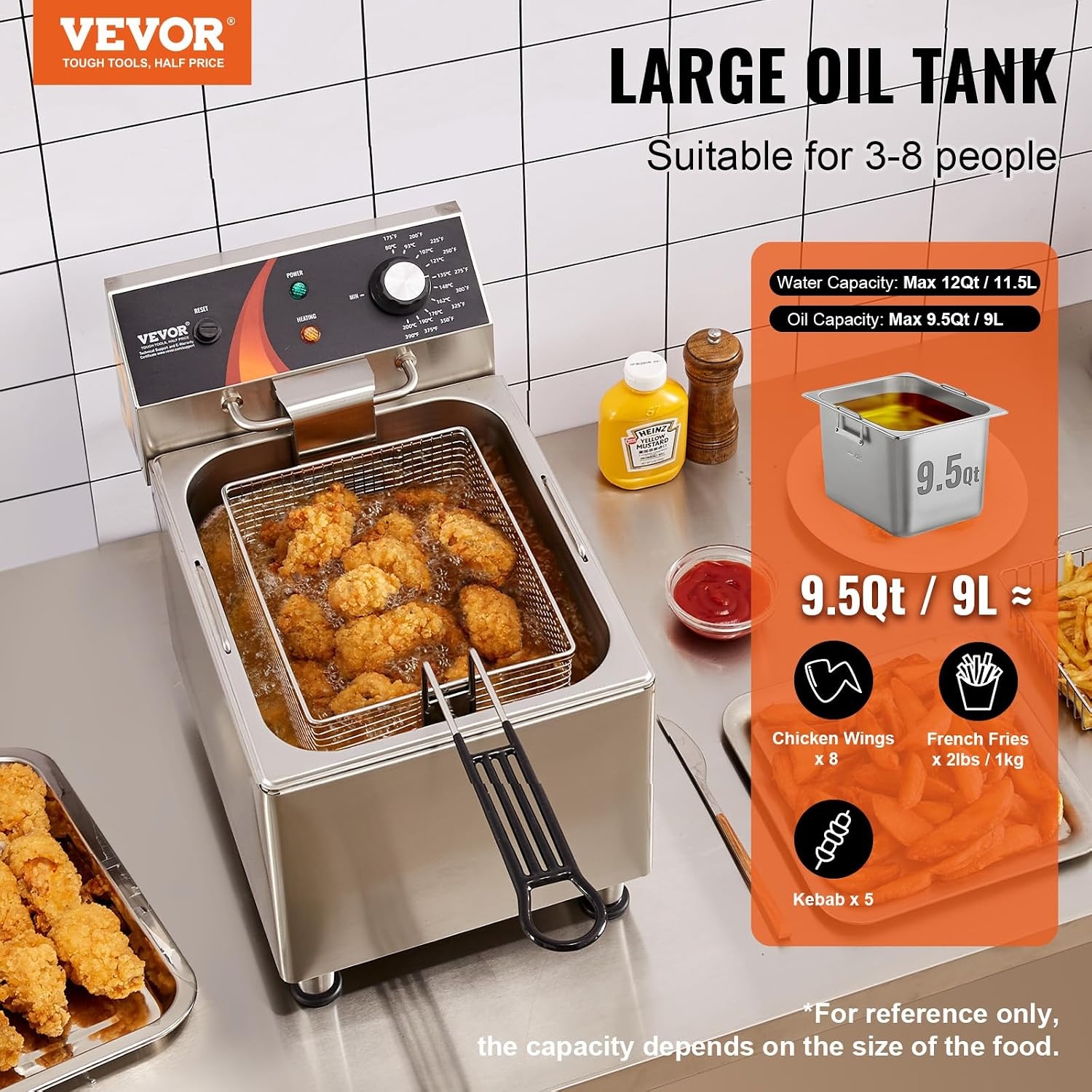VEVOR Elektrische friteuse voor het aanrecht, 3100 W, met mand, in hoogte verstelbare poten, afzonderlijk van roestvrij staal, 11,5 l, temperatuurregeling, gebruik in restaurants, 275 x 415 x 370 mm