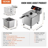 VEVOR Elektrische friteuse voor het aanrecht, 3100 W, met mand, in hoogte verstelbare poten, afzonderlijk van roestvrij staal, 11,5 l, temperatuurregeling, gebruik in restaurants, 275 x 415 x 370 mm