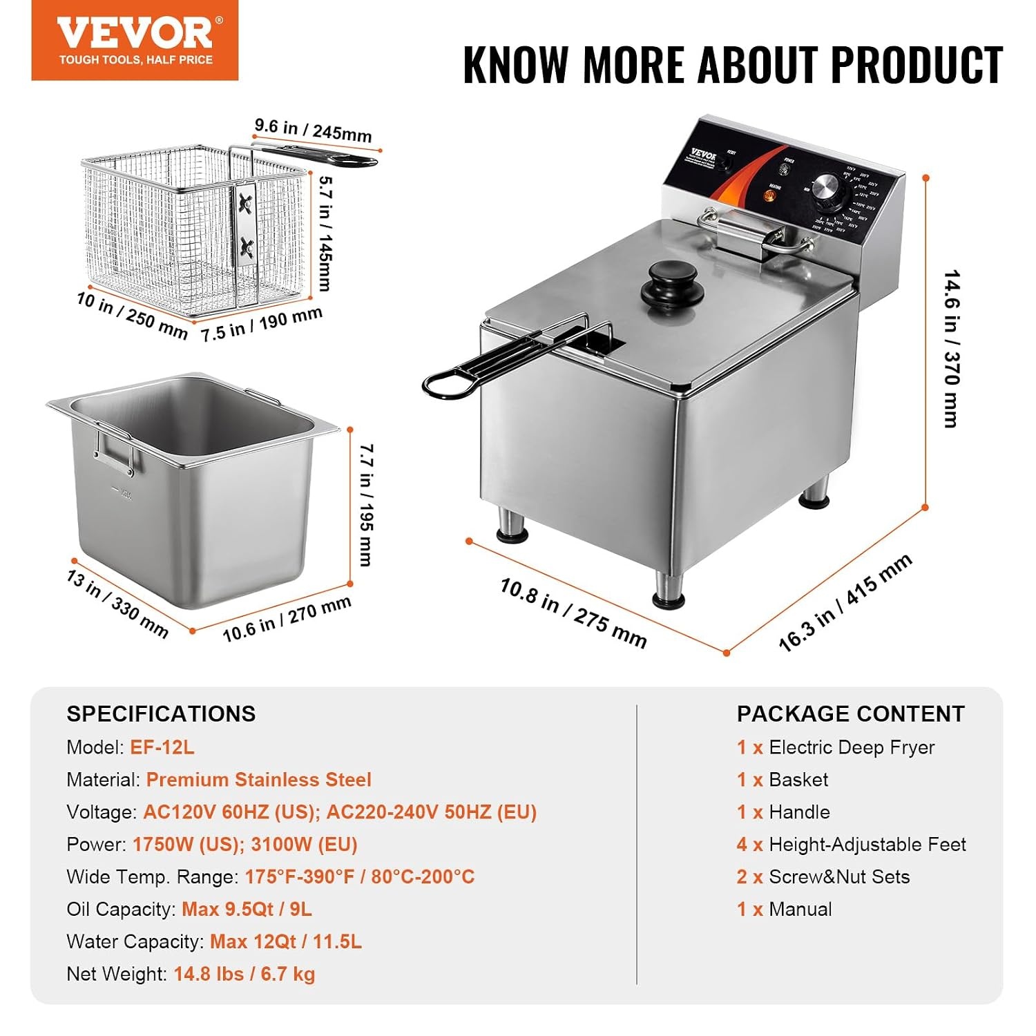 VEVOR Elektrische friteuse voor het aanrecht, 3100 W, met mand, in hoogte verstelbare poten, afzonderlijk van roestvrij staal, 11,5 l, temperatuurregeling, gebruik in restaurants, 275 x 415 x 370 mm