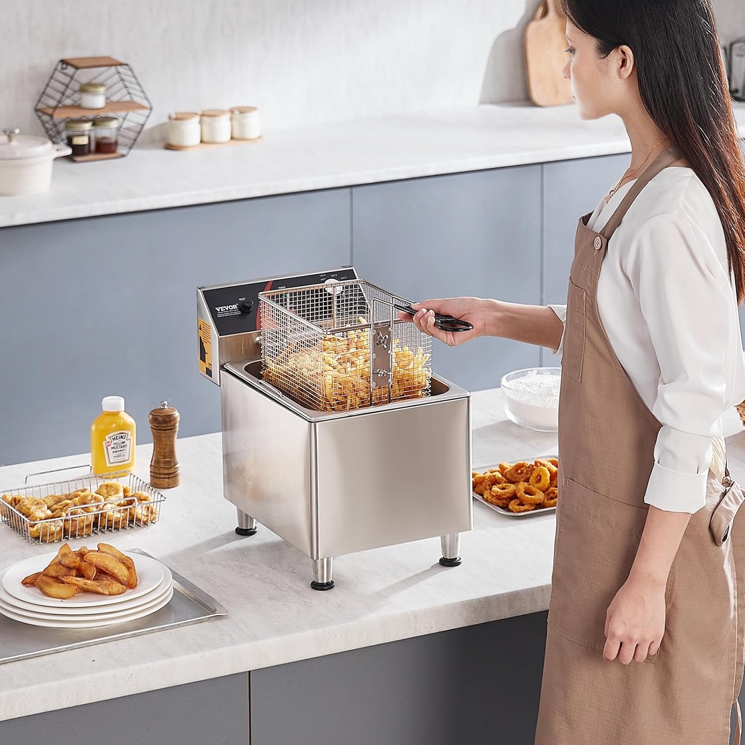VEVOR Elektrische friteuse voor het aanrecht, 3100 W, met mand, in hoogte verstelbare poten, afzonderlijk van roestvrij staal, 11,5 l, temperatuurregeling, gebruik in restaurants, 275 x 415 x 370 mm