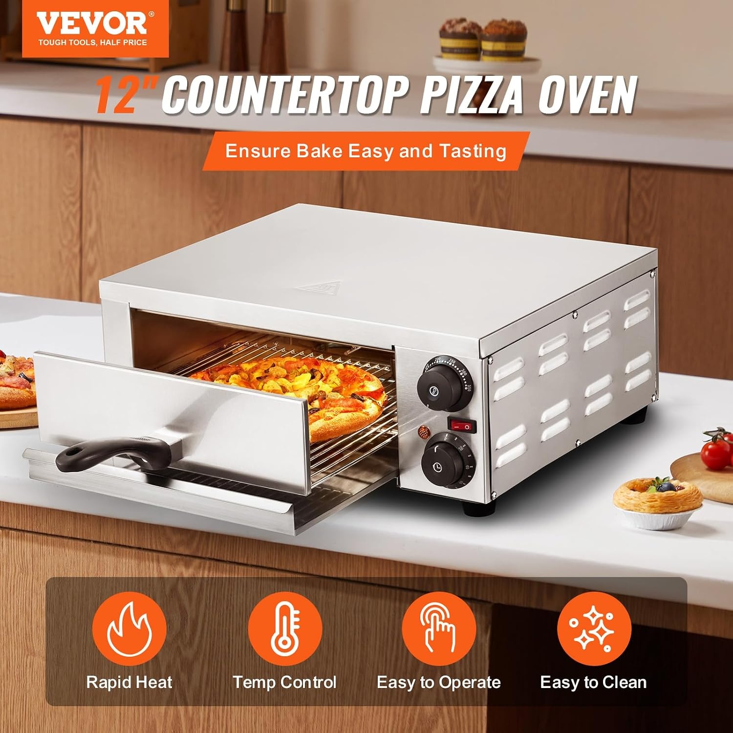 VEVOR Pizzaoven op aanrecht, elektrische oven, 12 inch, 1500 W, met temperatuurregeling en timer van 0-120 minuten, gelijkmatig koken, gemakkelijk te reinigen, commercieel thuis, restaurant