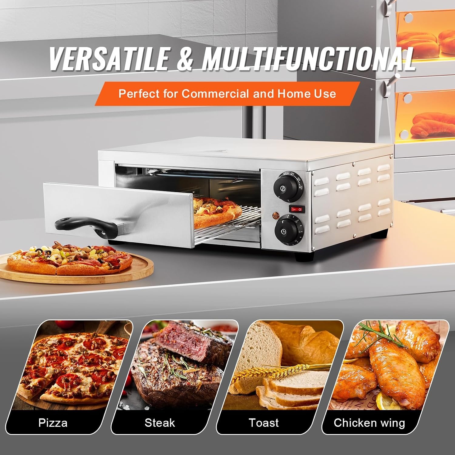 VEVOR Pizzaoven op aanrecht, elektrische oven, 12 inch, 1500 W, met temperatuurregeling en timer van 0-120 minuten, gelijkmatig koken, gemakkelijk te reinigen, commercieel thuis, restaurant