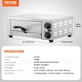 VEVOR Pizzaoven op aanrecht, elektrische oven, 12 inch, 1500 W, met temperatuurregeling en timer van 0-120 minuten, gelijkmatig koken, gemakkelijk te reinigen, commercieel thuis, restaurant