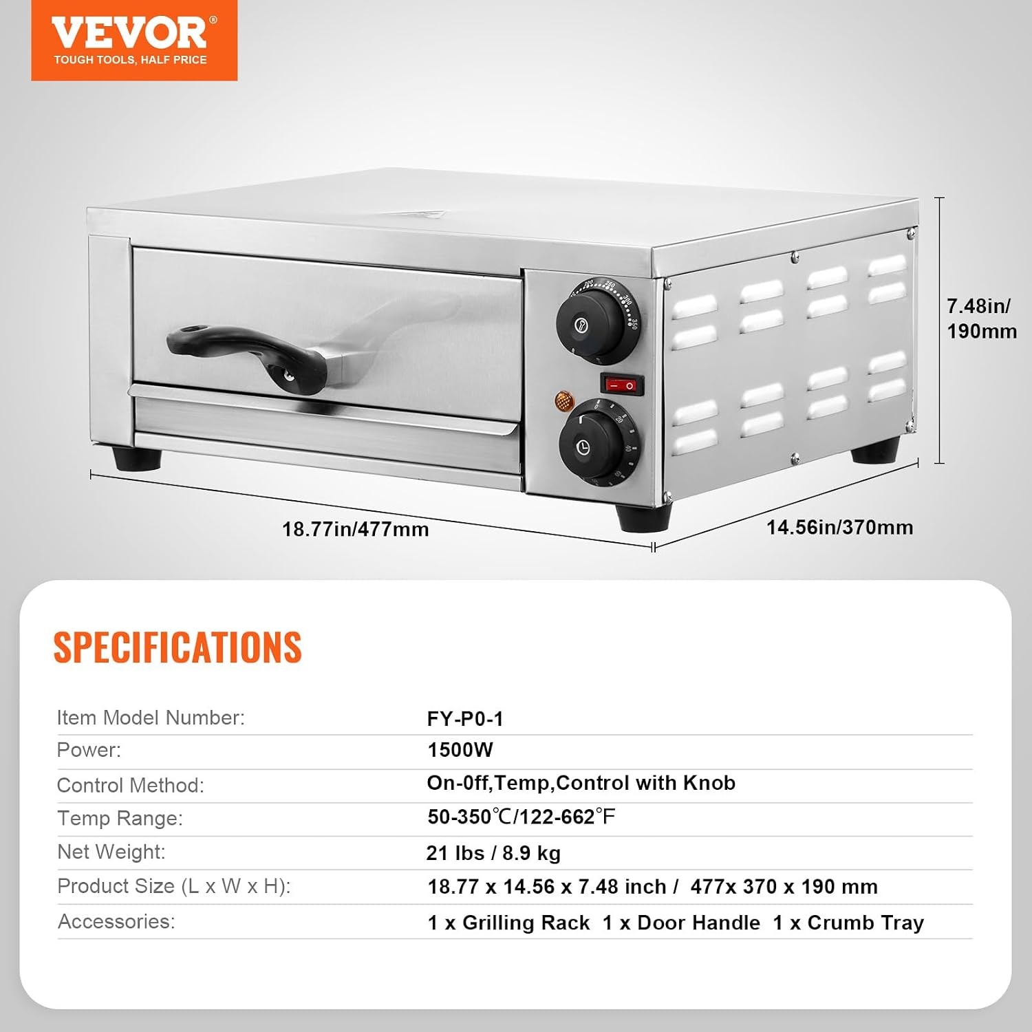 VEVOR Pizzaoven op aanrecht, elektrische oven, 12 inch, 1500 W, met temperatuurregeling en timer van 0-120 minuten, gelijkmatig koken, gemakkelijk te reinigen, commercieel thuis, restaurant
