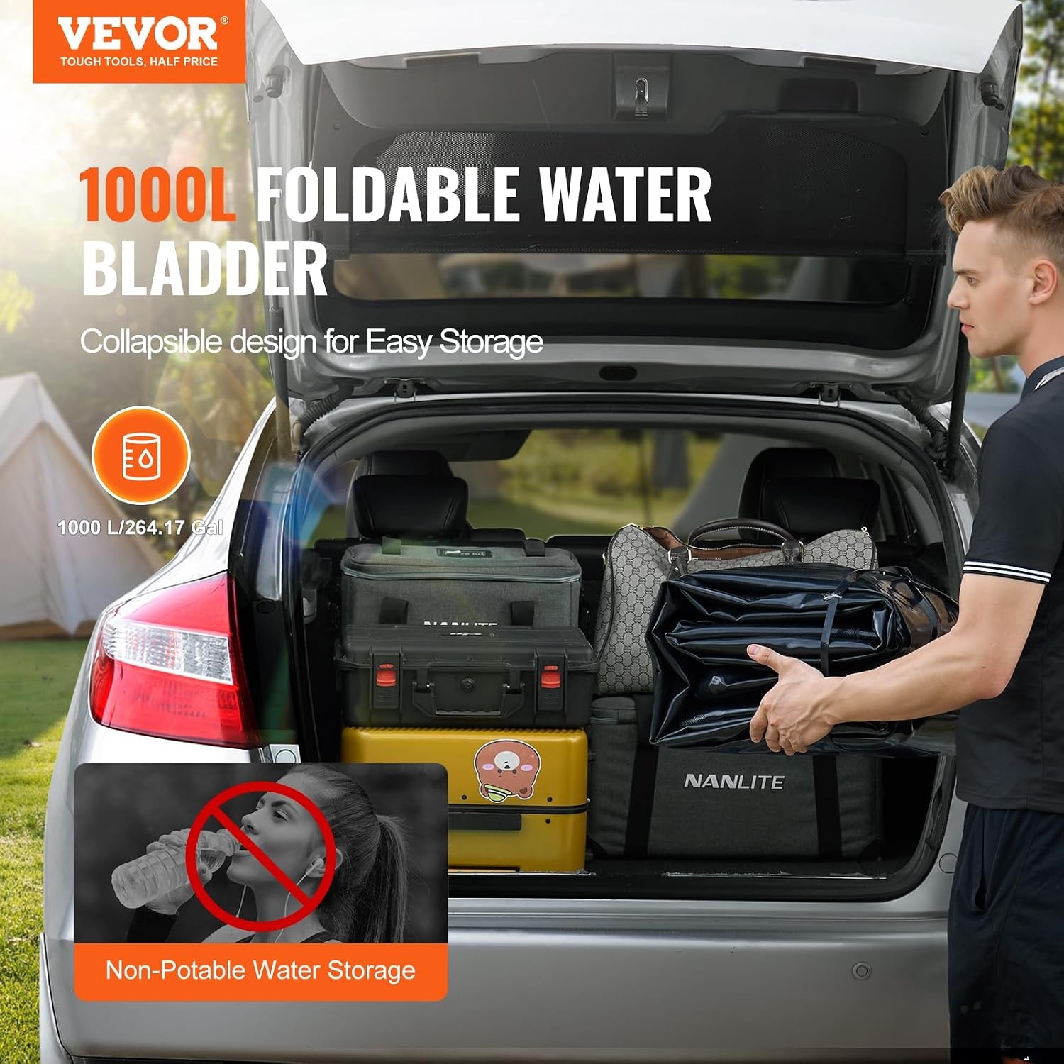 VEVOR 1000L/264 Gallon Water Opslag Bladder, RV Water Tank, 1000D PVC Opvouwbare Water Opslag Containers, Grote Capaciteit Zachte Water Zak, Draagbare Water Bladder, Brandpreventie, Camping,