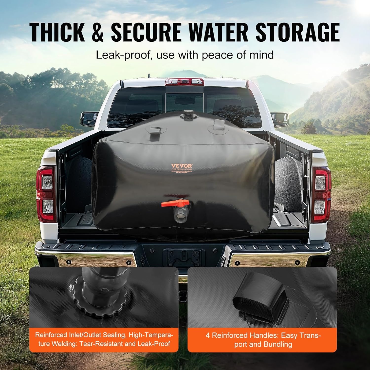 VEVOR 1000L/264 Gallon Water Opslag Bladder, RV Water Tank, 1000D PVC Opvouwbare Water Opslag Containers, Grote Capaciteit Zachte Water Zak, Draagbare Water Bladder, Brandpreventie, Camping,