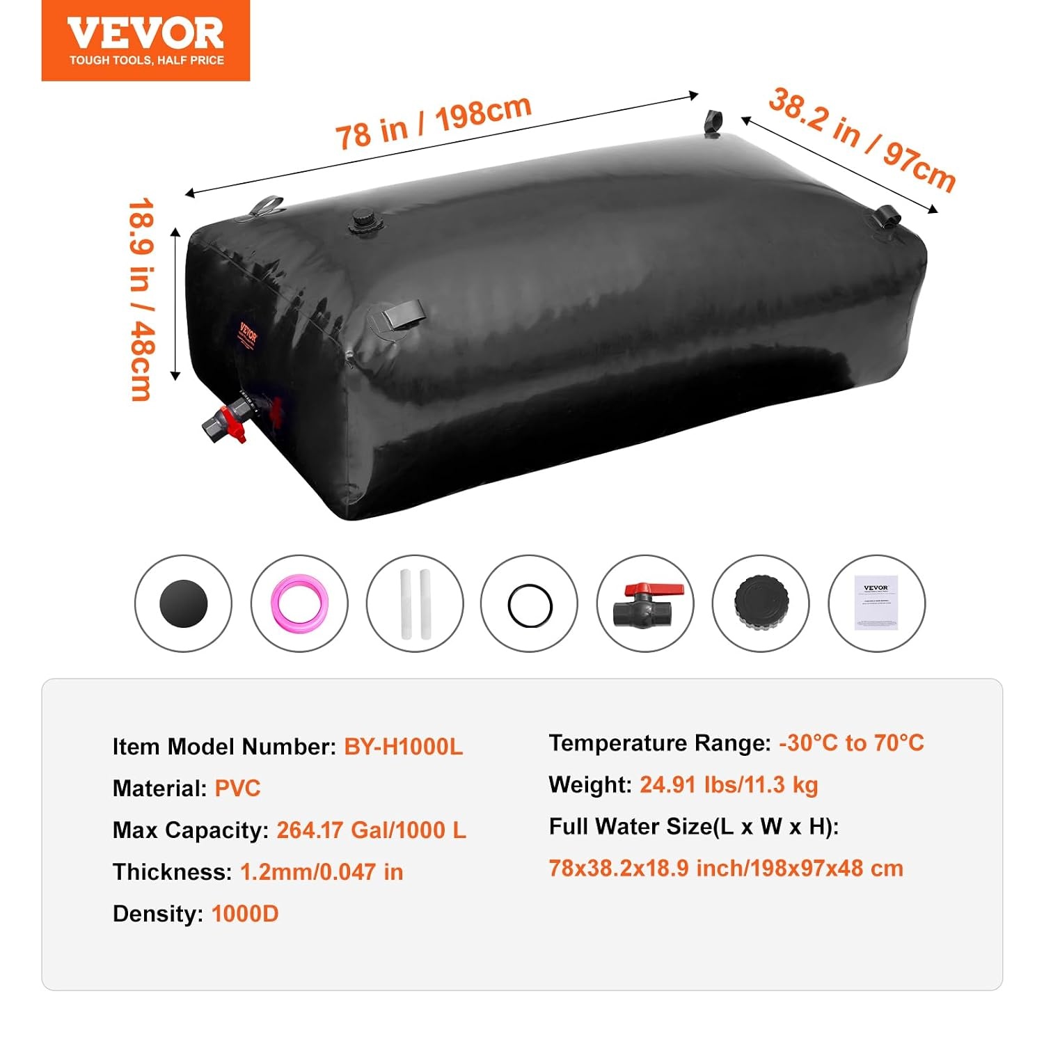 VEVOR 1000L/264 Gallon Water Opslag Bladder, RV Water Tank, 1000D PVC Opvouwbare Water Opslag Containers, Grote Capaciteit Zachte Water Zak, Draagbare Water Bladder, Brandpreventie, Camping,