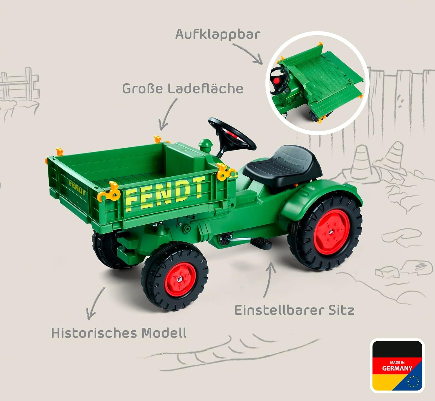 BIG 800056552 Fendt gereedschapsdrager - kindertractor, speelgoed met precisiekettingaandrijving, 3-voudig verstelbare zitting, tot 50 kg, Fendt licentie, voor kinderen vanaf 3 jaar, groen, geel, zwart, rood