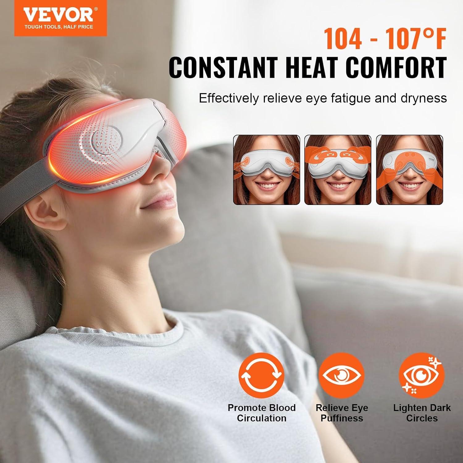 VEVOR Oogmassageapparaat met warmte, verwarmd oogmassagemasker met 5 modi en bluetooth-muziek, 180° opvouwbare oogverzorgingsmassageapparaat voor migraine, vermoeide ogen, donkere kringen, ideaal