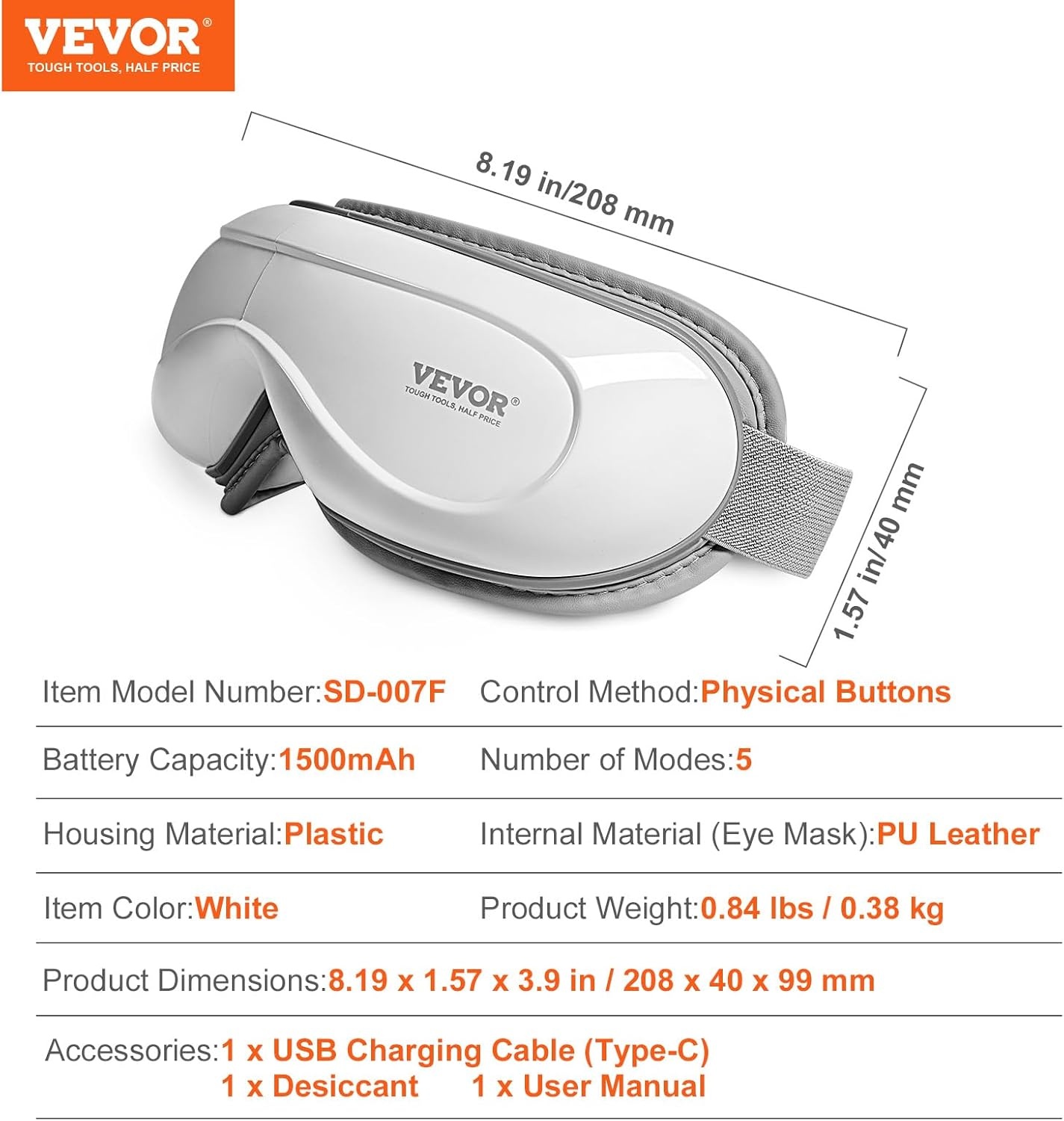 VEVOR Oogmassageapparaat met warmte, verwarmd oogmassagemasker met 5 modi en bluetooth-muziek, 180° opvouwbare oogverzorgingsmassageapparaat voor migraine, vermoeide ogen, donkere kringen, ideaal