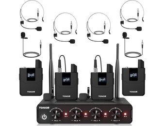 TONOR Draadloos Microfoon Systeem met UHF Headset/Lavalier, Bodypack, 4x 5-kanaals, 60M Bereik