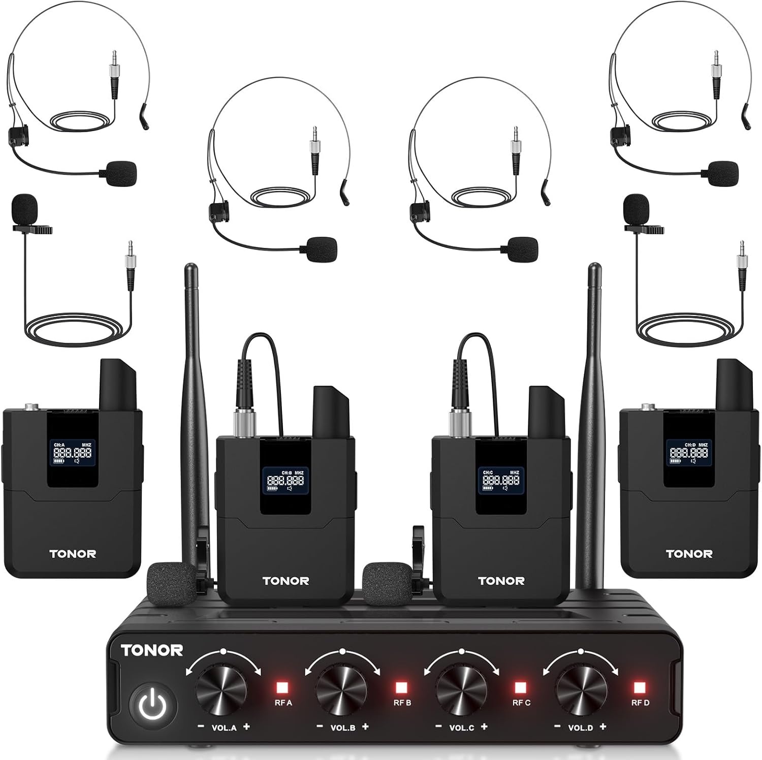 TONOR Draadloos Microfoon Systeem met UHF Headset/Lavalier, Bodypack, 4x 5-kanaals, 60M Bereik