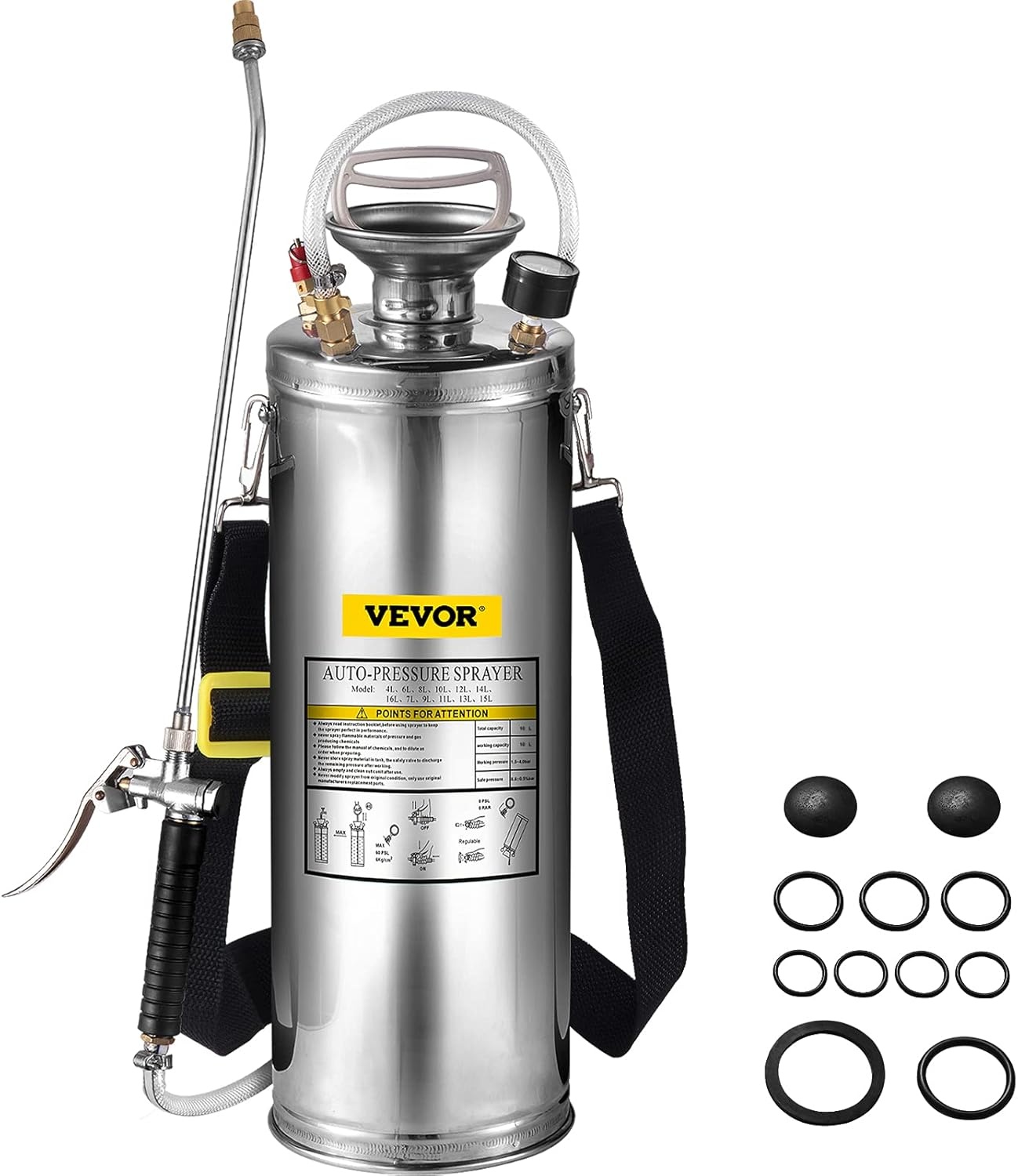 Vevor 10 l Drucksprüher, Edelstahl, Garten, Zerstäuber, für Pflanzen, für Gartenarbeit und Reinigung am Boden, geeignet für die heutigen Anforderungen in Industrie, Landwirtschaft, Handel, Medizin