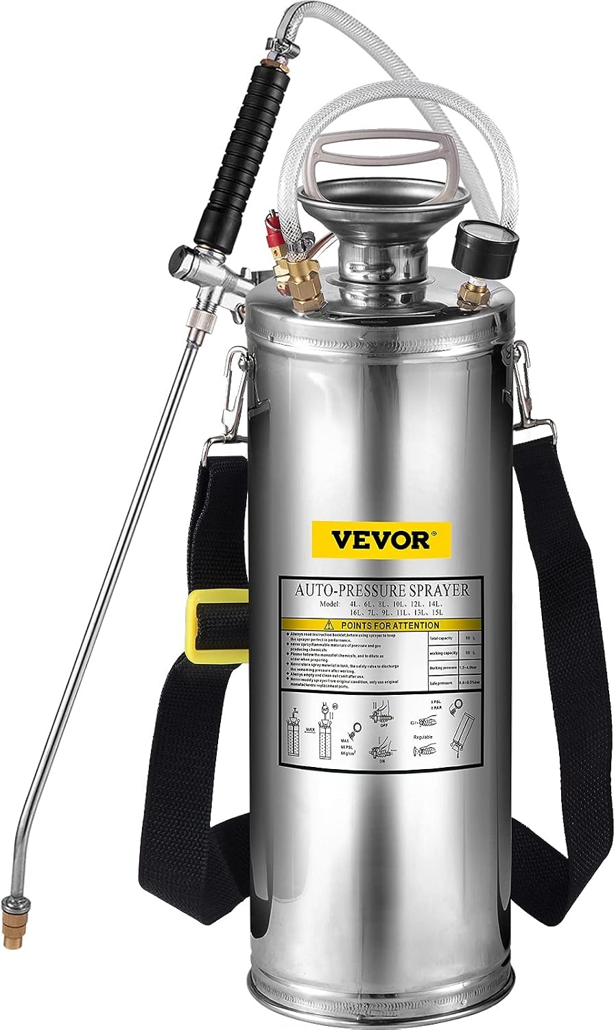 Vevor 10 l Drucksprüher, Edelstahl, Garten, Zerstäuber, für Pflanzen, für Gartenarbeit und Reinigung am Boden, geeignet für die heutigen Anforderungen in Industrie, Landwirtschaft, Handel, Medizin