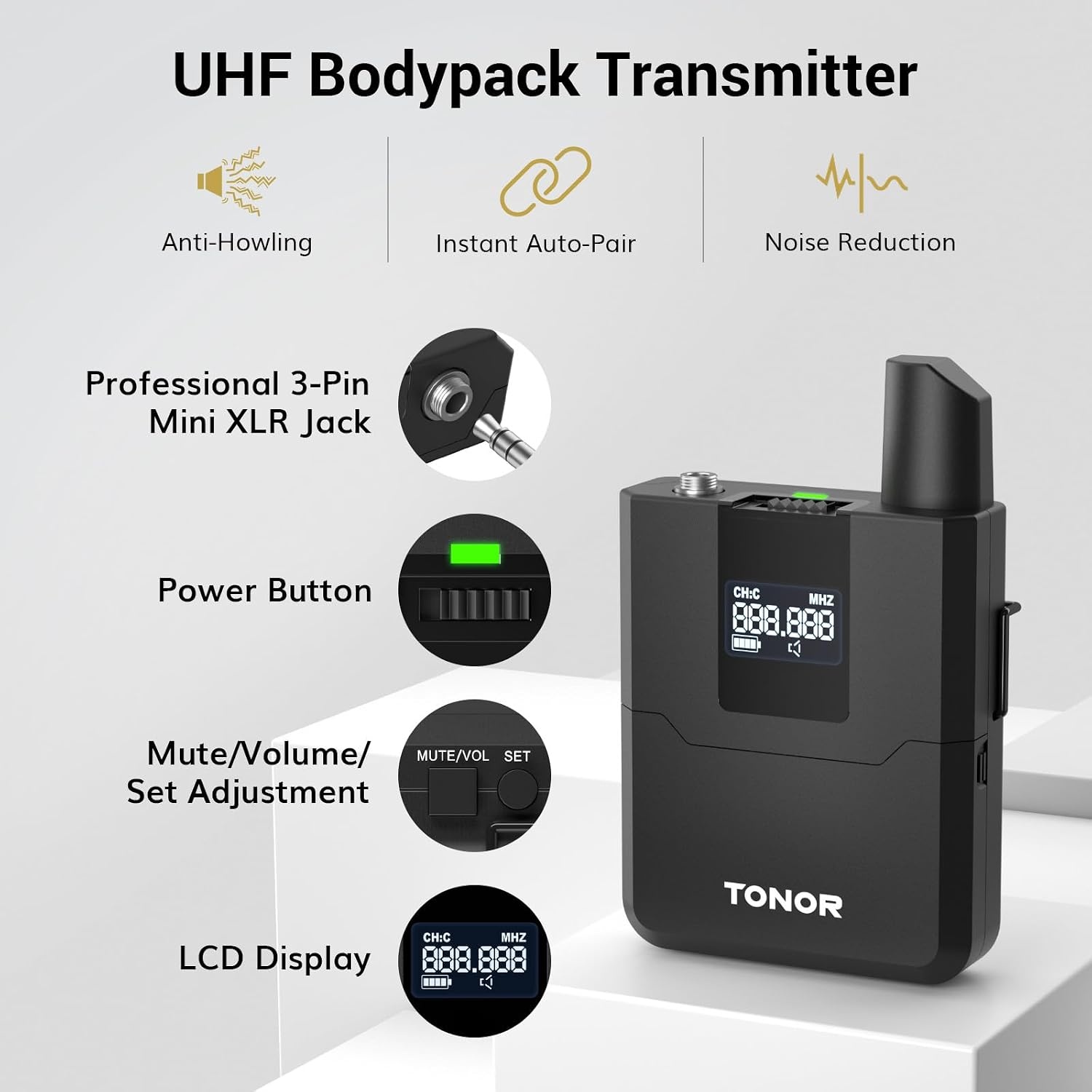 TONOR Draadloos Microfoon Systeem met UHF Headset/Lavalier, Bodypack, 4x 5-kanaals, 60M Bereik