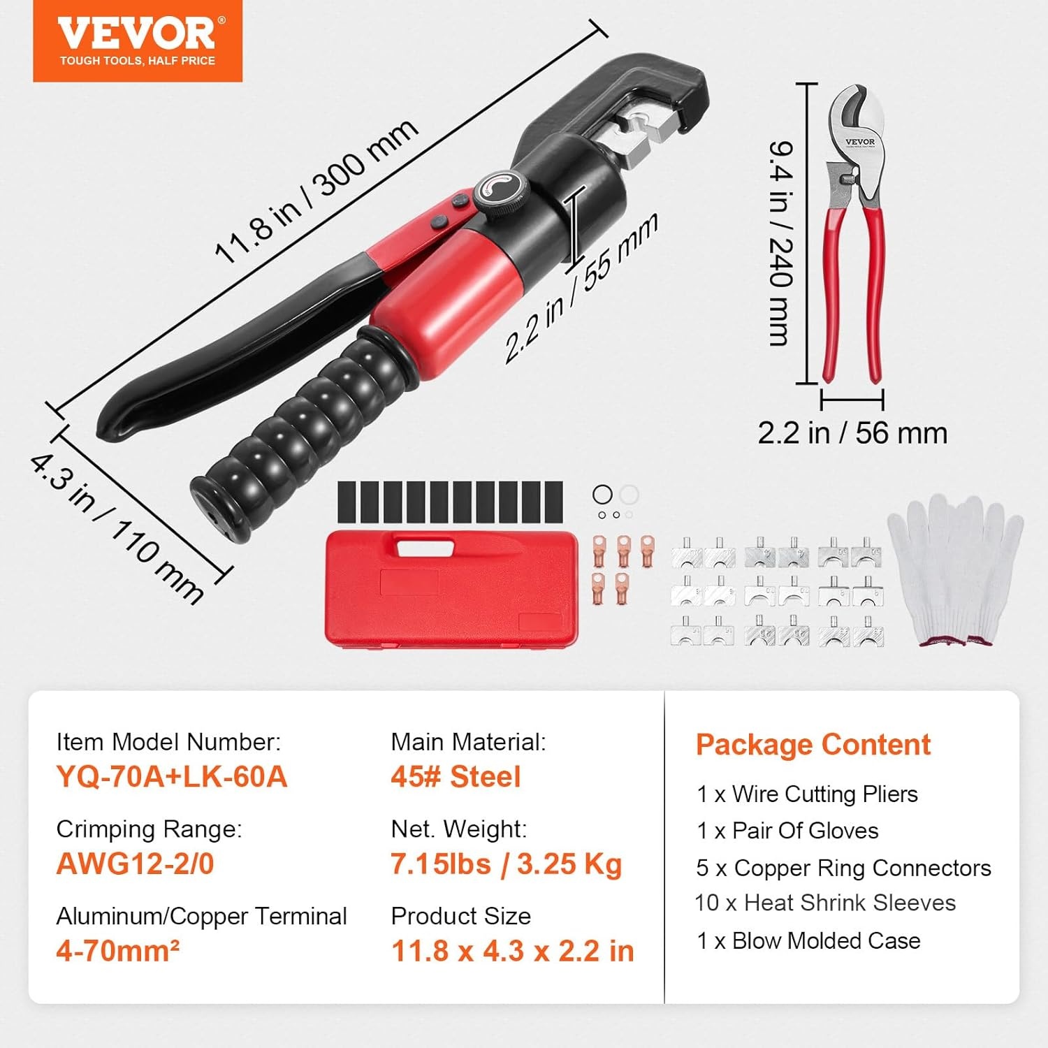 VEVOR Hydraulische Krimptang Set AWG12-2/0 Rood - Inclusief Accessoires en Koffer
