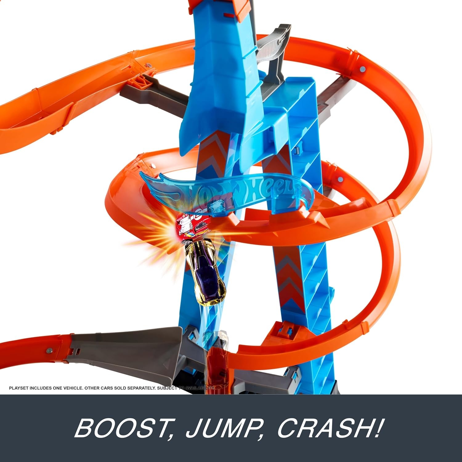 Hot Wheels 61cm High Skyscraper Crash With Motorized Booster And Orange Shares With Loops