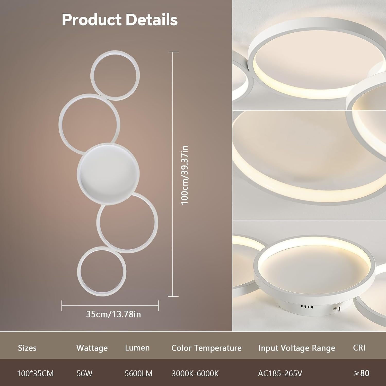 Dimbare LED Plafondlamp Wit 50W | 5 Ringen Design | 3000K-6000K | Incl. Afstandsbediening | 58% Korting
