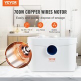 VEVOR Hefsysteem, 700 W, 9600 l/h debiet, 10 m pomphoogte, hakmolen-afvalwaterpomp met 3 waterinlaten voor toilet, kelder, keuken, wastafel, badkuip, afvalwaterafvoer, spoelmachine