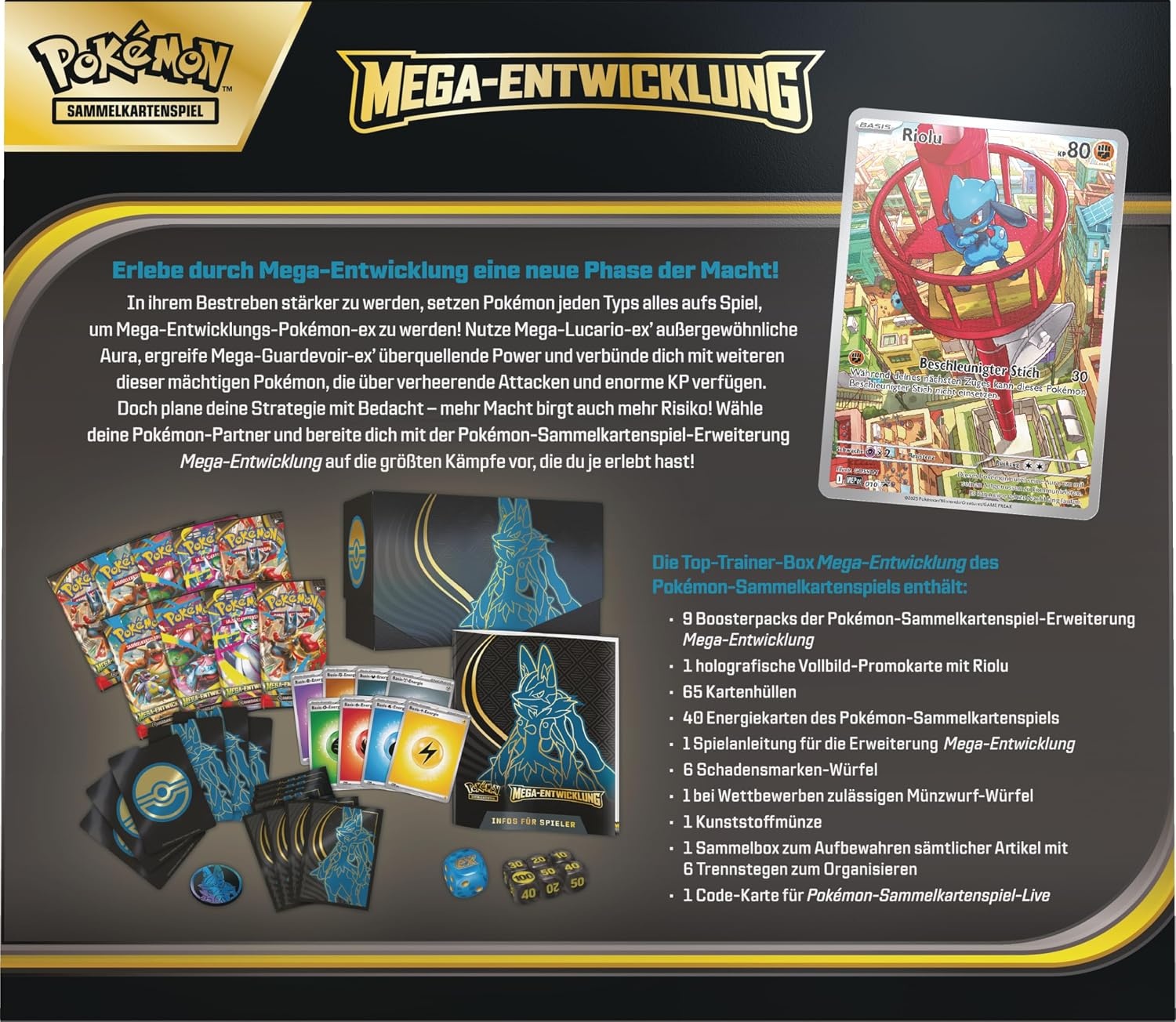 Pokémon - Verzamelkaartspel: Top Trainer-Box Mega Ontwikkeling: Lucario (1 full-screen promokaart, 9 boosterpacks & accessoires)