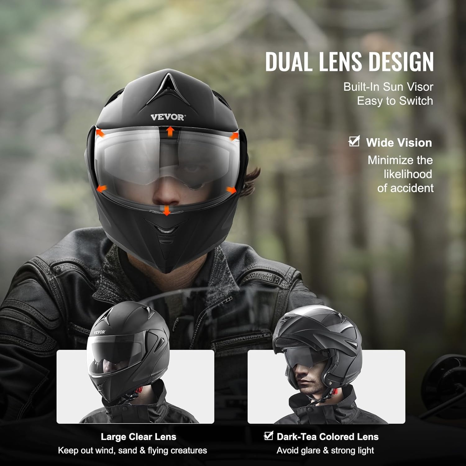 VEVOR Motorhelm - Zwarte Flip-Up Helm met Dubbel Vizier - ECE Gekeurd