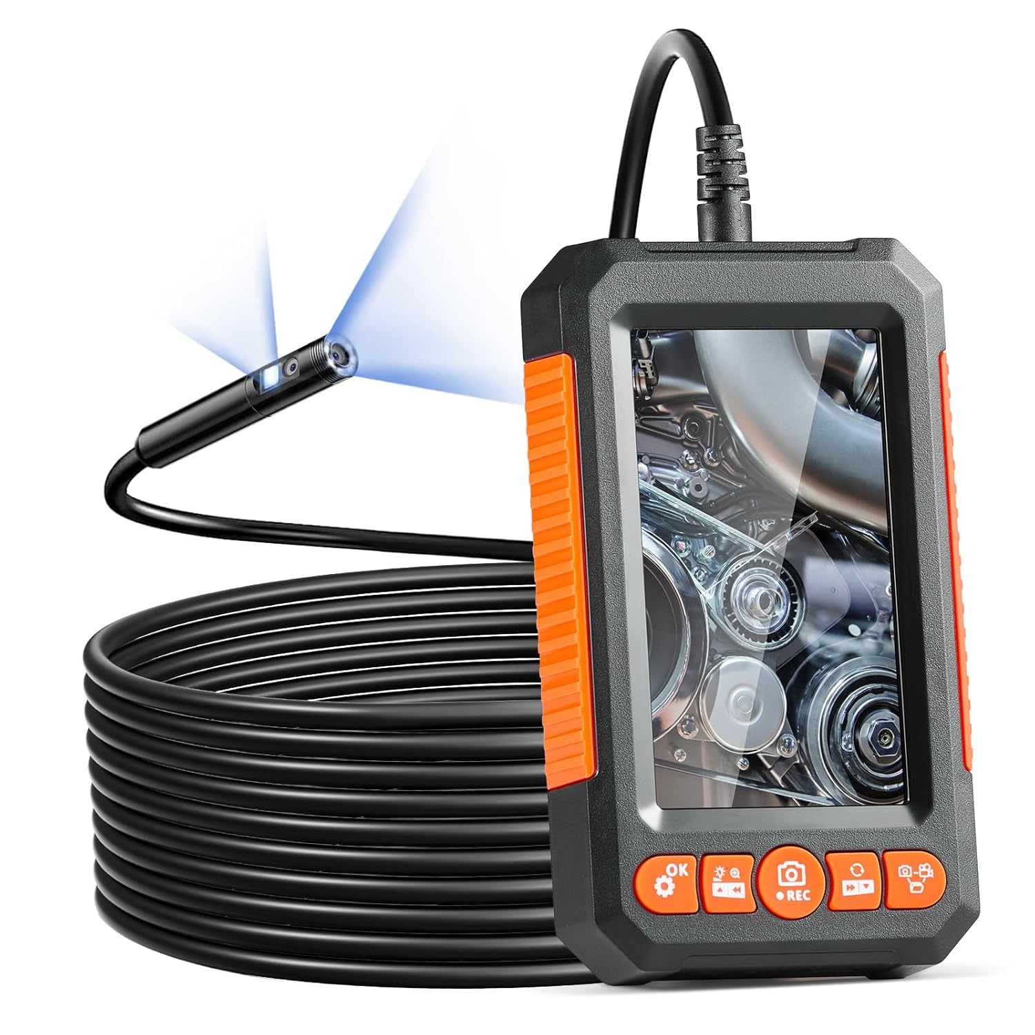 VEVOR Industriële endoscoopcamera met twee lenzen, 1080p, 8 + 1 lamp, waterdicht IP67, voor auto's en loodgieterswerken (5 m kabel en 32 GB kaart), 145 x 85 x 26 mm, 2000 mAh
