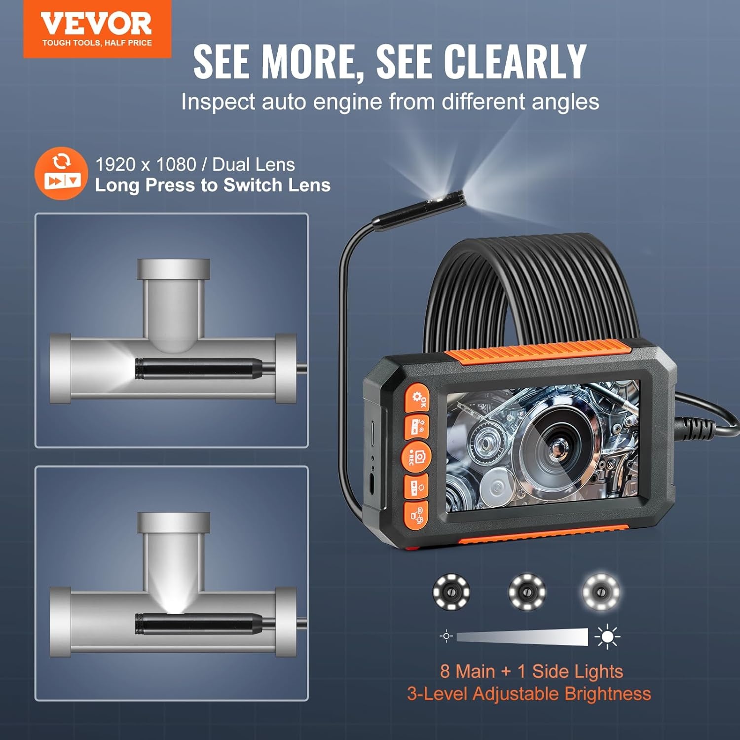 VEVOR Industriële endoscoopcamera met twee lenzen, 1080p, 8 + 1 lamp, waterdicht IP67, voor auto's en loodgieterswerken (5 m kabel en 32 GB kaart), 145 x 85 x 26 mm, 2000 mAh
