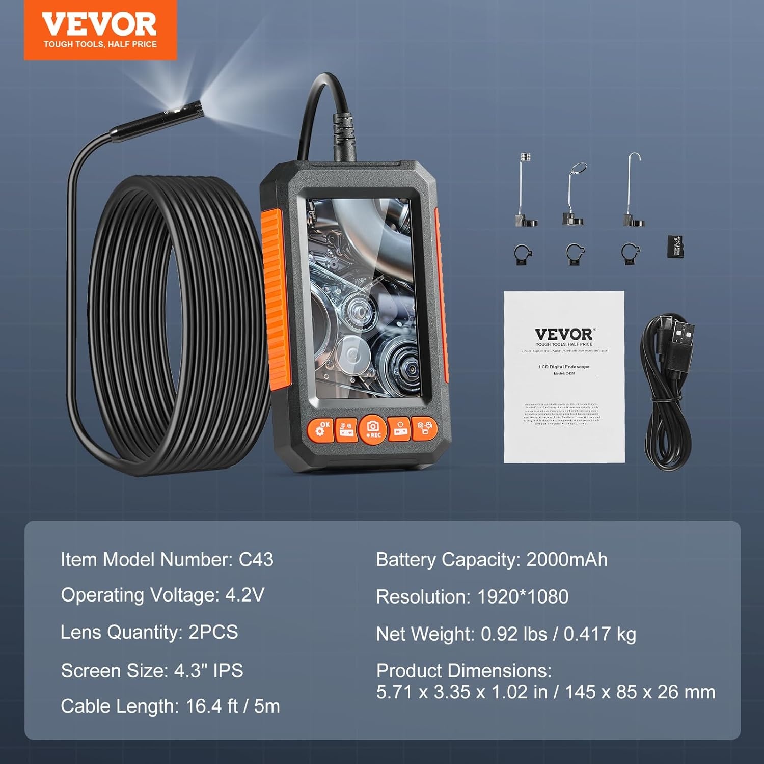VEVOR Industriële endoscoopcamera met twee lenzen, 1080p, 8 + 1 lamp, waterdicht IP67, voor auto's en loodgieterswerken (5 m kabel en 32 GB kaart), 145 x 85 x 26 mm, 2000 mAh