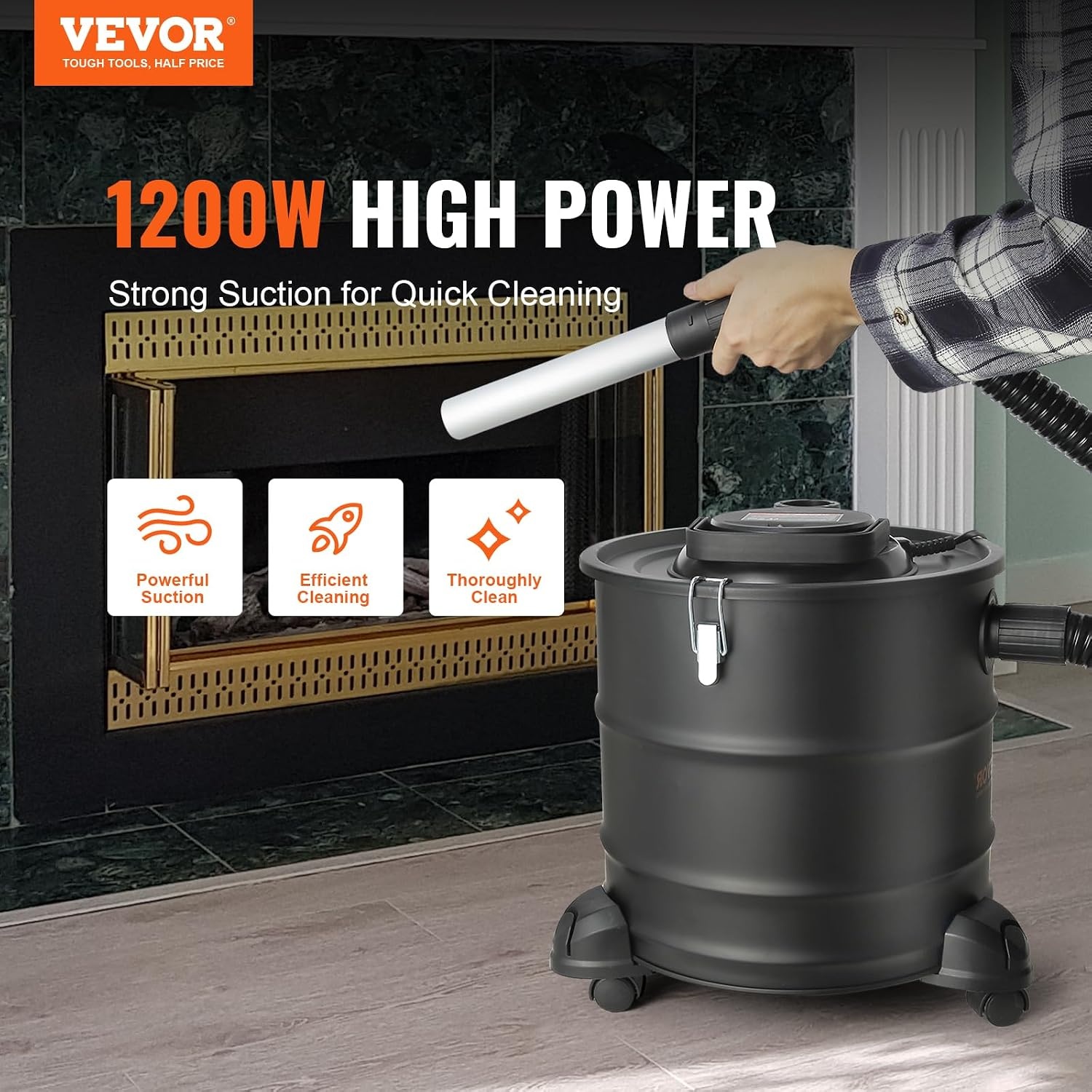 VEVOR Aszuiger met HEPA-filtersysteem, roetstofzuiger, haardzuiger, haardstofzuiger, voor grill-oven, metalen reservoir van 20 liter, 1200 W vermogen, 16 kPa zuigkracht