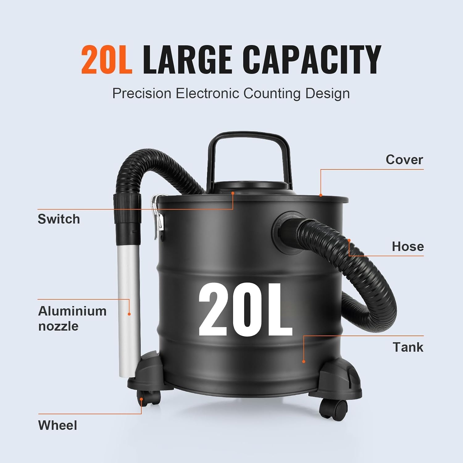 VEVOR Aszuiger met HEPA-filtersysteem, roetstofzuiger, haardzuiger, haardstofzuiger, voor grill-oven, metalen reservoir van 20 liter, 1200 W vermogen, 16 kPa zuigkracht