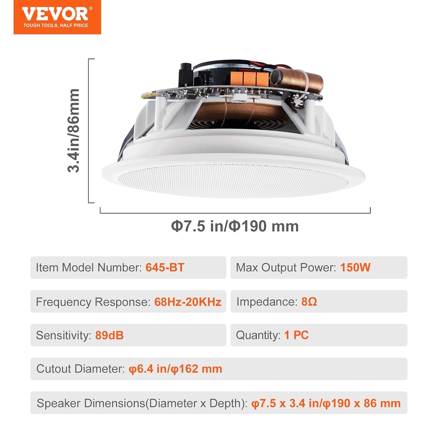 VEVOR 6,5 Inch Bluetooth Plafondluidspreker 150W - Wit