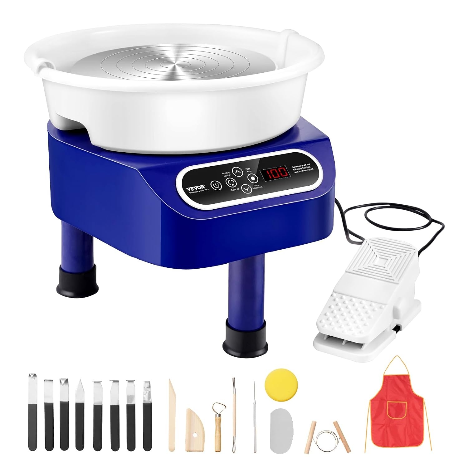 VEVOR Elektrische pottenbakkersmachine, 250 mm, 350 W, met pedaal, touchscreen, LCD, mini-draaibank met 3 steunpoten, snelheidsbereik van 50-300 omw/min, voor keramische handwerk, blauw