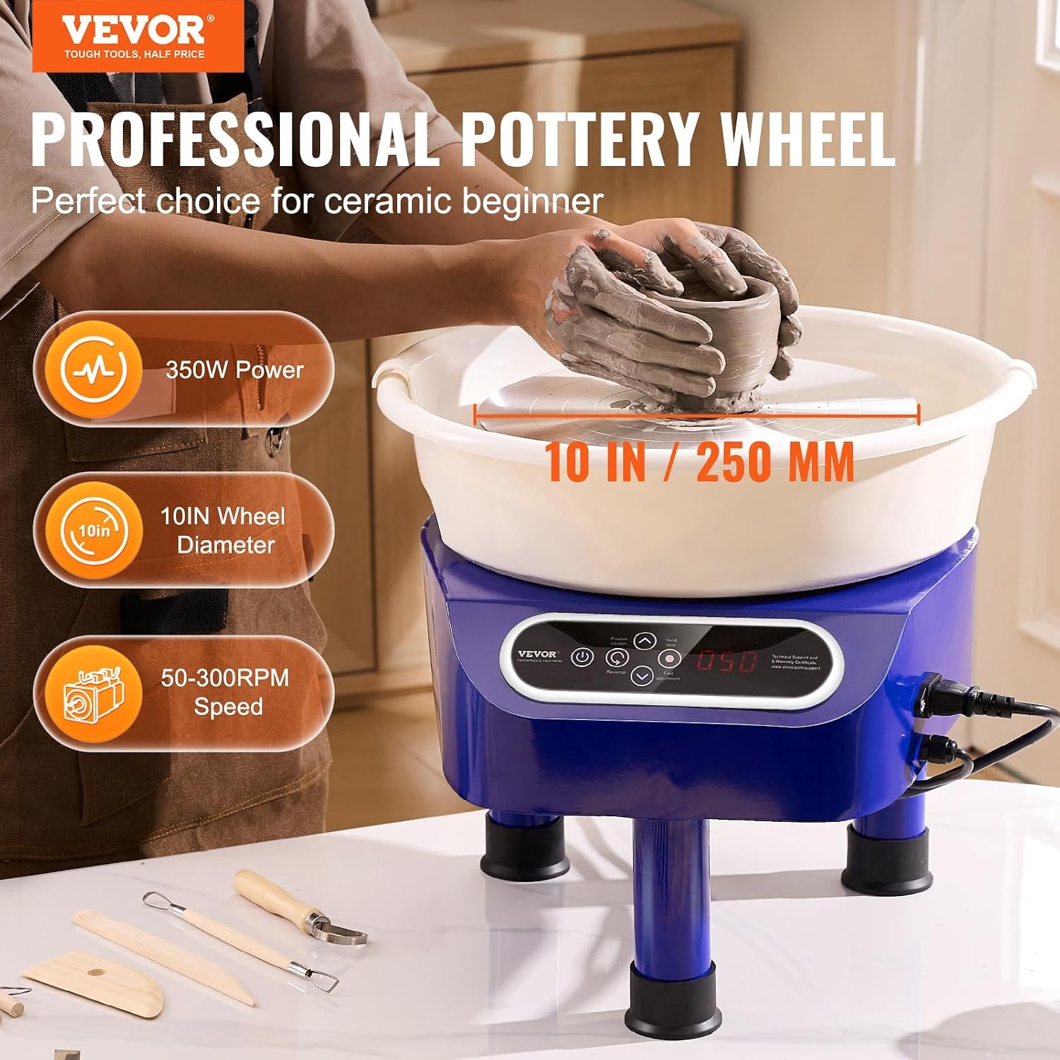 VEVOR Elektrische pottenbakkersmachine, 250 mm, 350 W, met pedaal, touchscreen, LCD, mini-draaibank met 3 steunpoten, snelheidsbereik van 50-300 omw/min, voor keramische handwerk, blauw