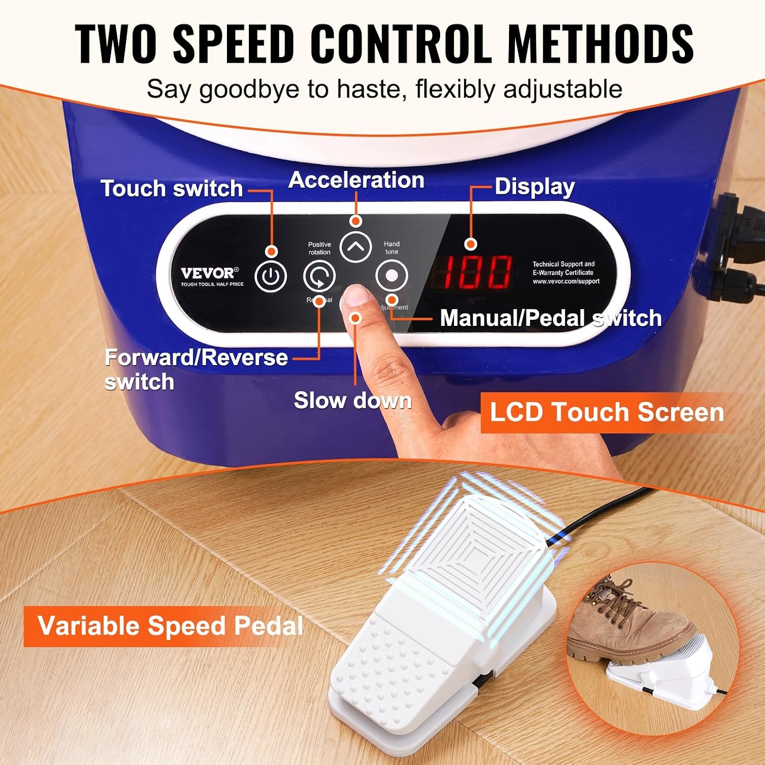 VEVOR Elektrische pottenbakkersmachine, 250 mm, 350 W, met pedaal, touchscreen, LCD, mini-draaibank met 3 steunpoten, snelheidsbereik van 50-300 omw/min, voor keramische handwerk, blauw