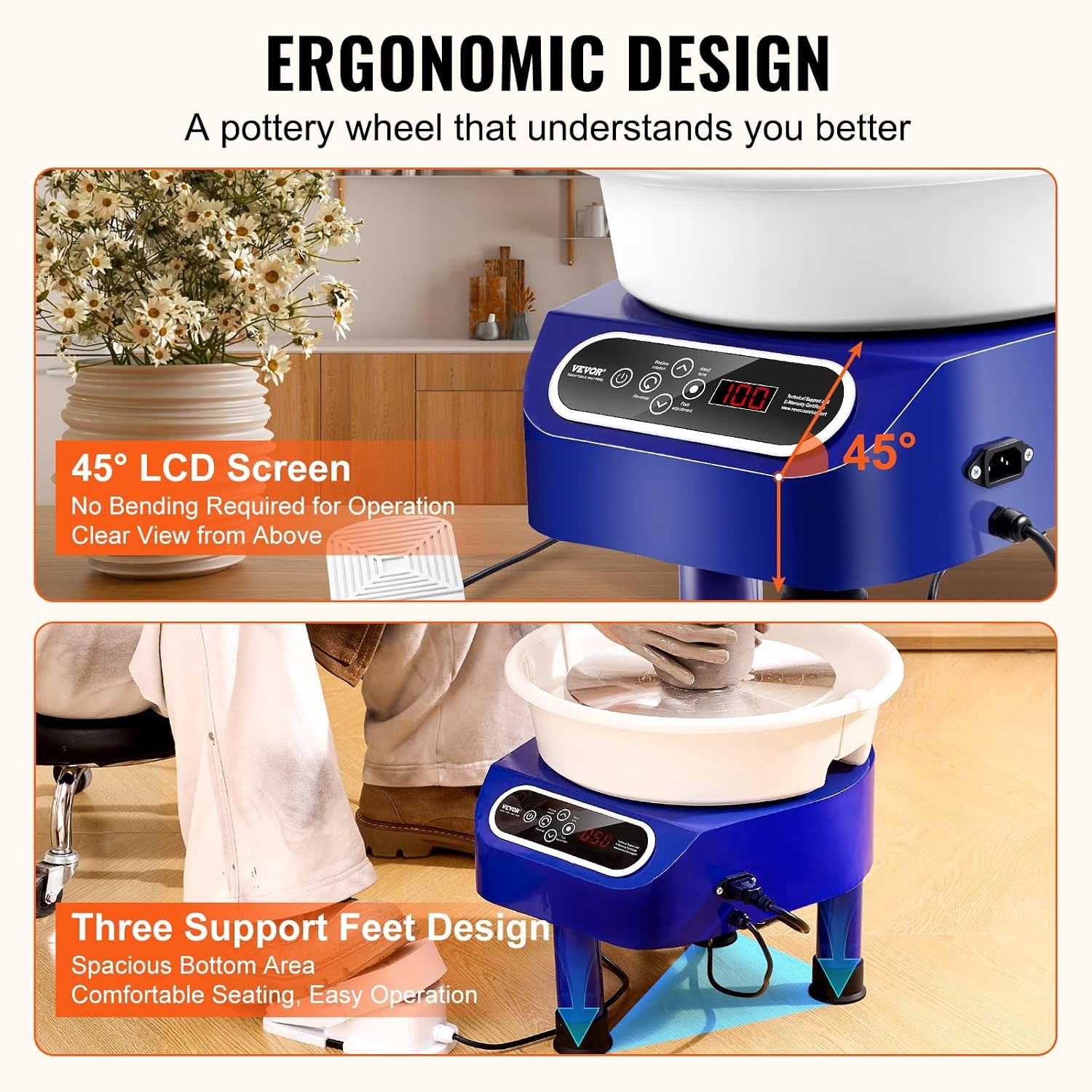 VEVOR Elektrische pottenbakkersmachine, 250 mm, 350 W, met pedaal, touchscreen, LCD, mini-draaibank met 3 steunpoten, snelheidsbereik van 50-300 omw/min, voor keramische handwerk, blauw