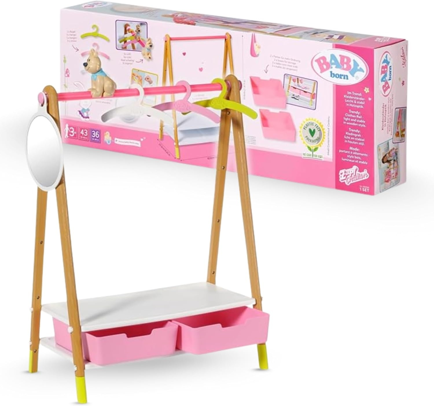 BABY born 830000 Kledingrek - Voor Peuters Vanaf 3 Jaar - Perfect voor Kinderhandjes - Met Rek, Spiegel, 3 Kleerhangers en 2 Lades
