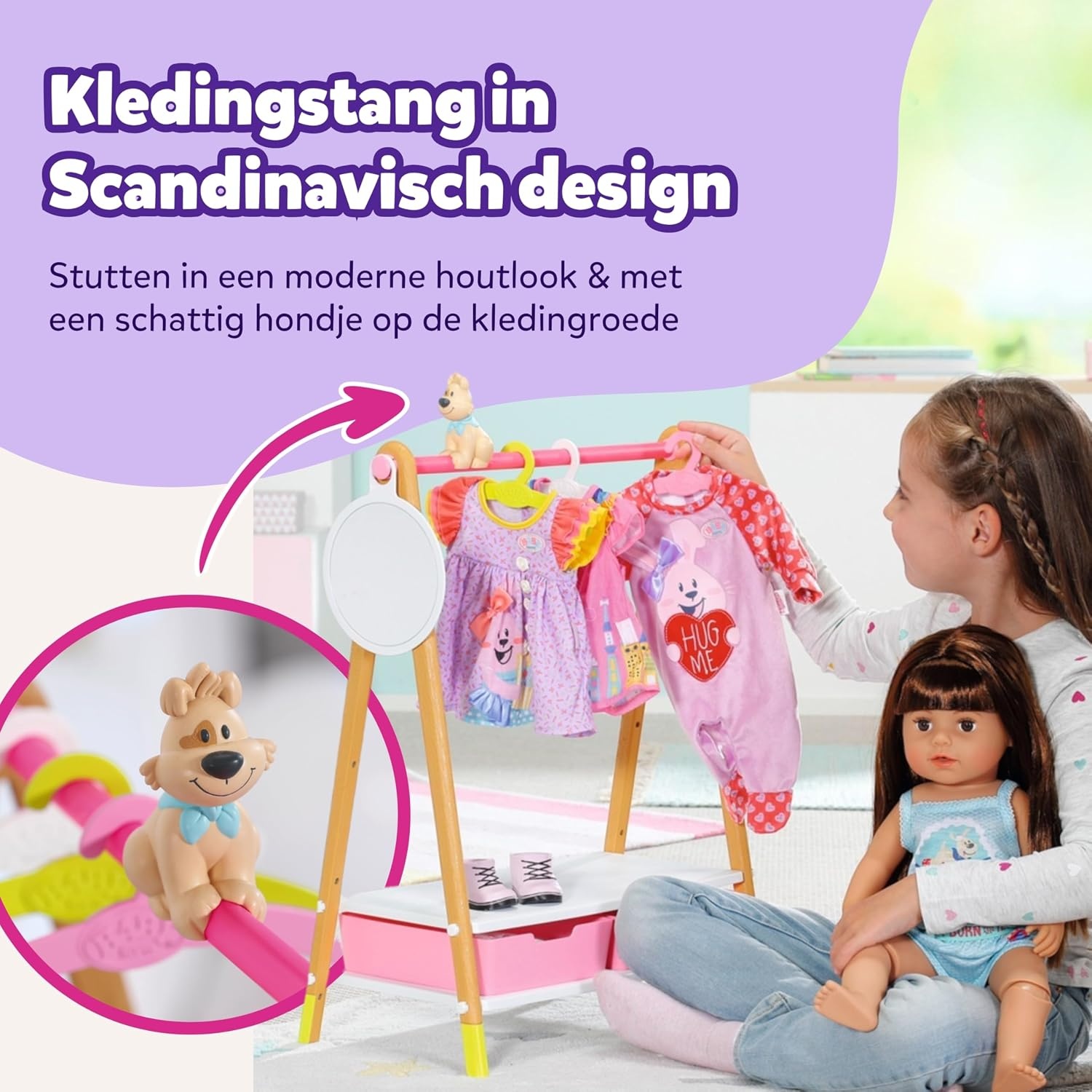 BABY born 830000 Kledingrek - Voor Peuters Vanaf 3 Jaar - Perfect voor Kinderhandjes - Met Rek, Spiegel, 3 Kleerhangers en 2 Lades