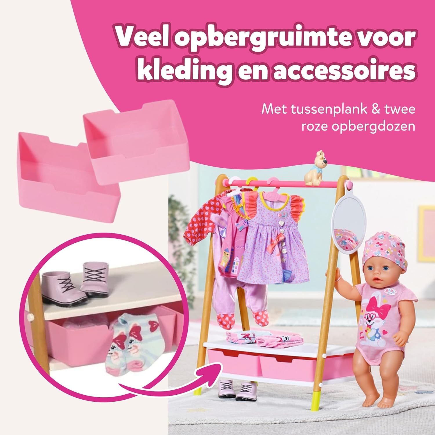 BABY born 830000 Kledingrek - Voor Peuters Vanaf 3 Jaar - Perfect voor Kinderhandjes - Met Rek, Spiegel, 3 Kleerhangers en 2 Lades