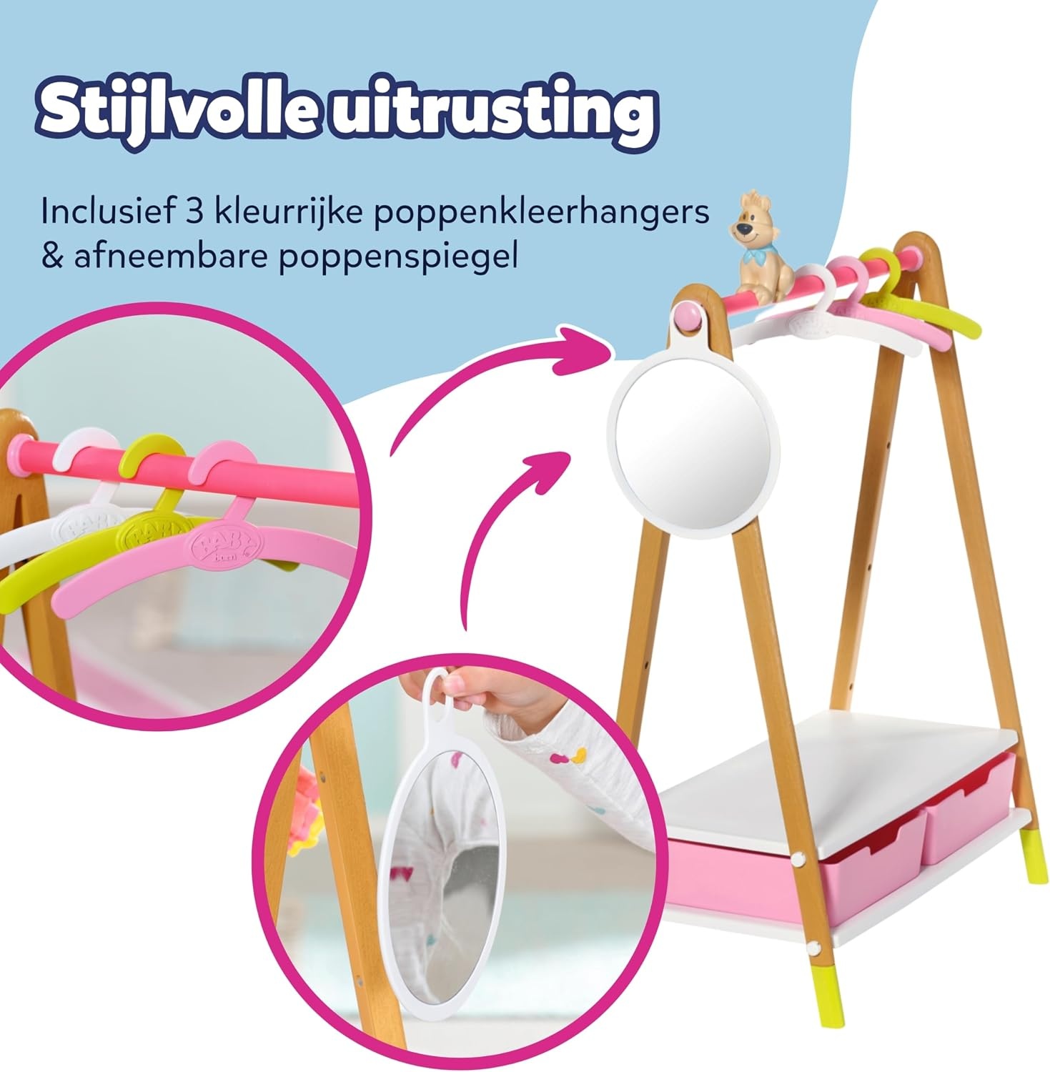 BABY born 830000 Kledingrek - Voor Peuters Vanaf 3 Jaar - Perfect voor Kinderhandjes - Met Rek, Spiegel, 3 Kleerhangers en 2 Lades
