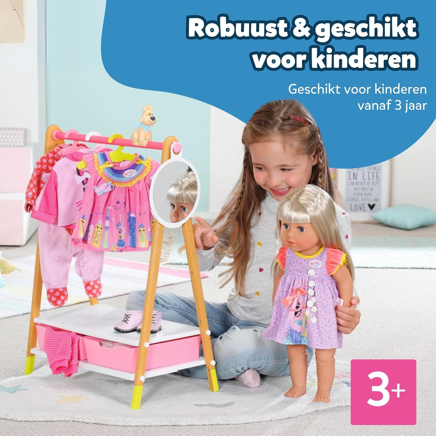 BABY born 830000 Kledingrek - Voor Peuters Vanaf 3 Jaar - Perfect voor Kinderhandjes - Met Rek, Spiegel, 3 Kleerhangers en 2 Lades