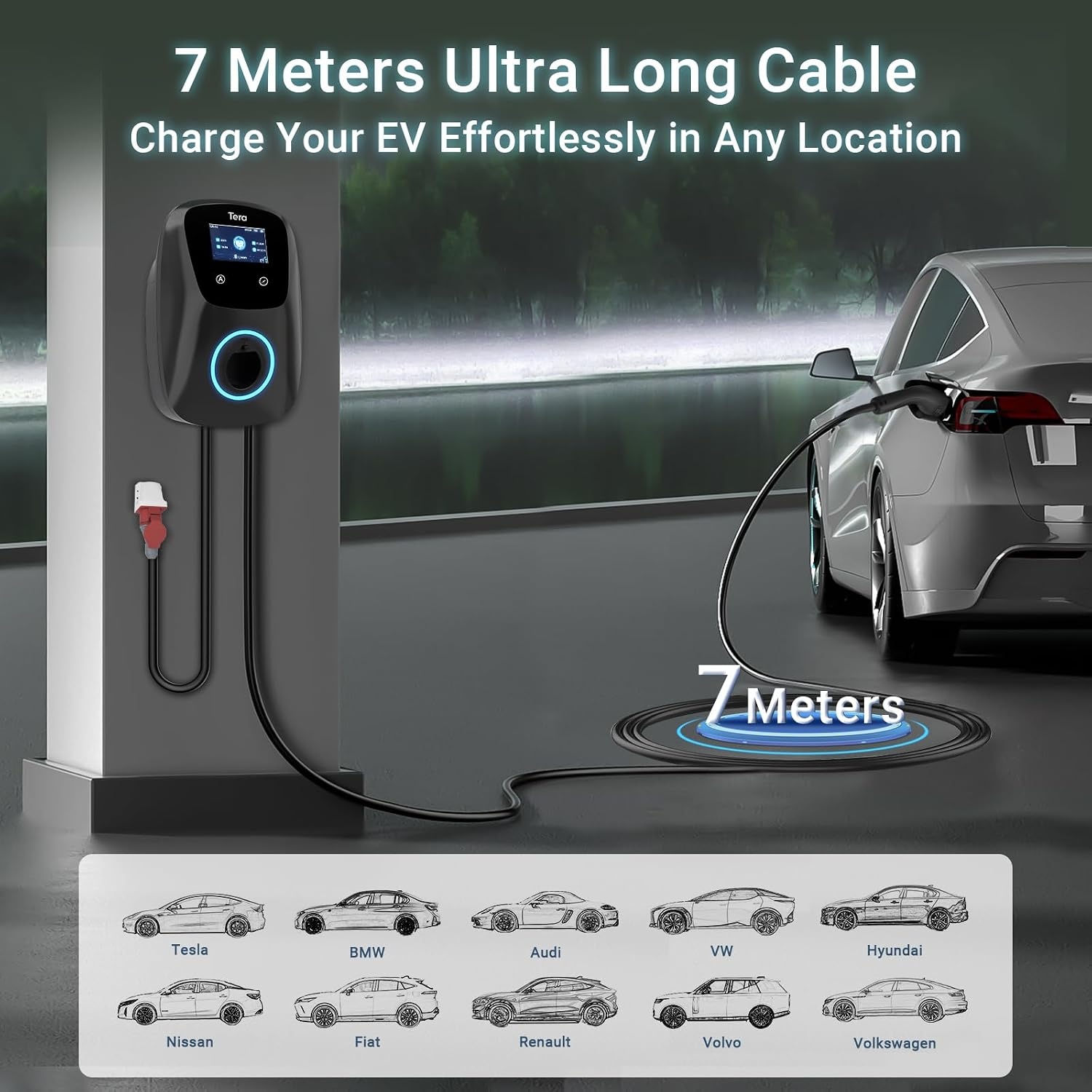 Tera Driefasige oplader voor elektrische auto, type 2: laadstation voor elektrisch voertuig, 22 kw, 32 A, 400 V, CEE-stopcontact, instelbare stroom, CE-gecertificeerd, 7 m, oplaadkabel compatibel met