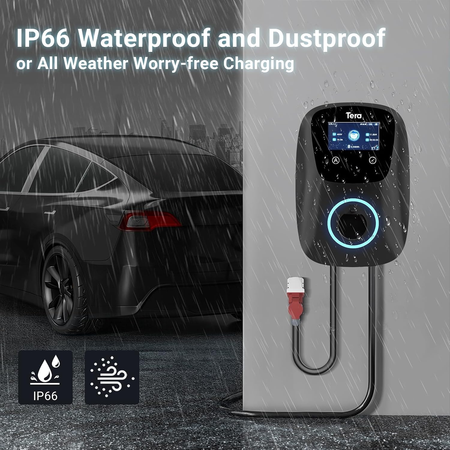 Tera Driefasige oplader voor elektrische auto, type 2: laadstation voor elektrisch voertuig, 22 kw, 32 A, 400 V, CEE-stopcontact, instelbare stroom, CE-gecertificeerd, 7 m, oplaadkabel compatibel met