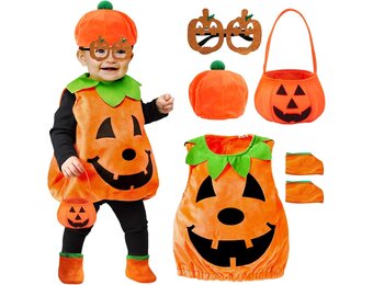 YADODO Pompoenkostuum voor kinderen, baby, maat 86, 92, 98, 104, met hoed, handtas, masker, Halloween, pompoen, meisjes, jongens, pompoenkostuum, kleding voor Halloween, cosplay, pompoen