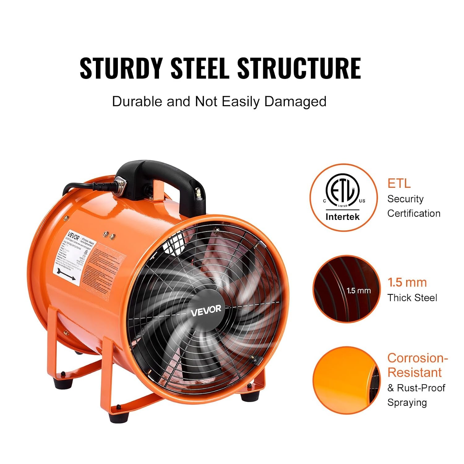 VEVOR Bouwventilator, 300 W AC-motor, bouwventilator, 2830 omw/min, 1720 CFM (2922 m3/h), axiale ventilator, 10 m slang, axiale ventilator, 79 dB, geluidsniveau, industriële ventilator, IP44