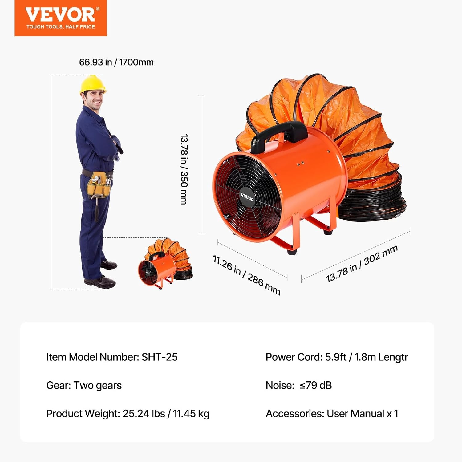 VEVOR Bouwventilator, 300 W AC-motor, bouwventilator, 2830 omw/min, 1720 CFM (2922 m3/h), axiale ventilator, 10 m slang, axiale ventilator, 79 dB, geluidsniveau, industriële ventilator, IP44